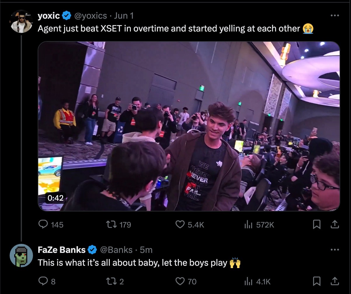 Post of the Agent versus XSET overtime win with FaZe Banks replying: This is what it’s all about baby, let the boys play