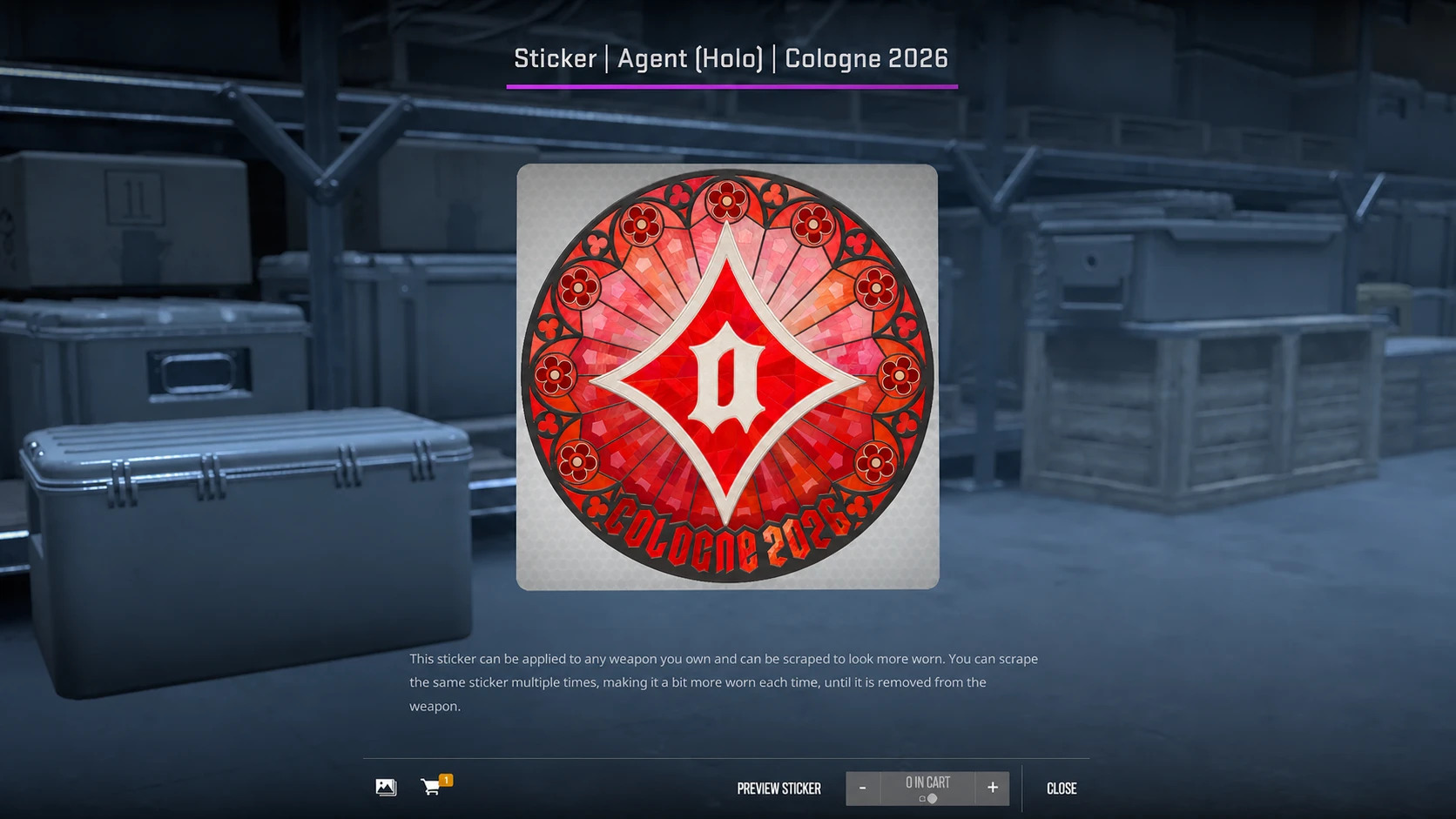 The in-game Counter-Strike store page for Sticker, Agent Holo, Cologne 2026