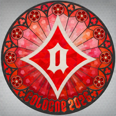 Agent holo sticker artwork for Cologne 2026, a red stained-glass rose window around the Agent diamond