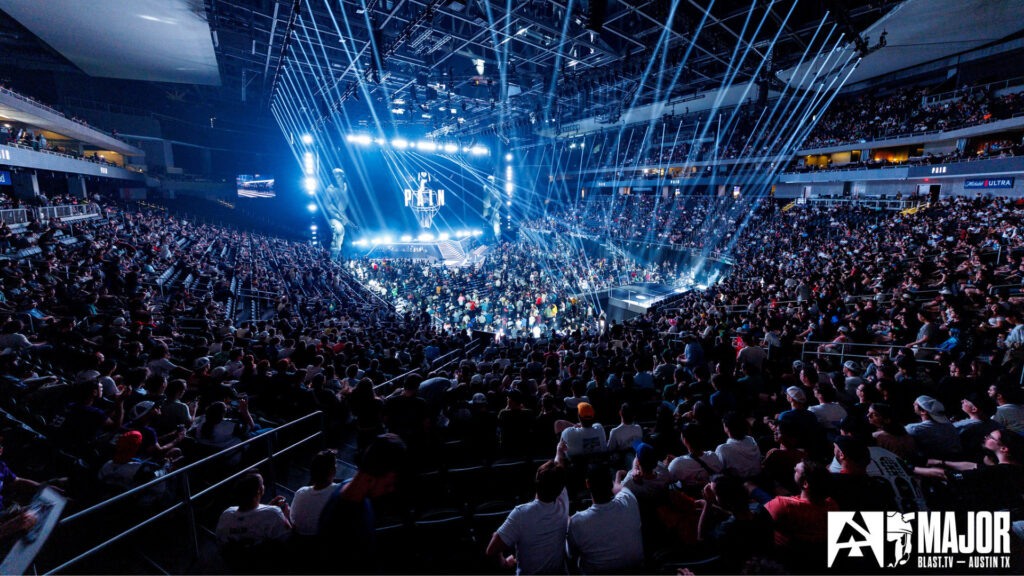 The sold-out Moody Center during the 2025 Blast.tv Austin Major, lasers over a full arena bowl